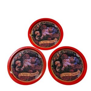 Vintage Tin Metal Christmas Serving Trays Santa Claus Lot Of 4